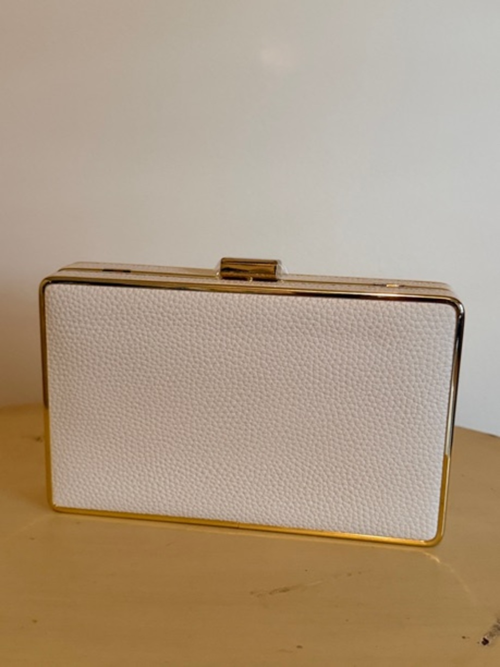 Textured White Box Clutch with Gold Trim